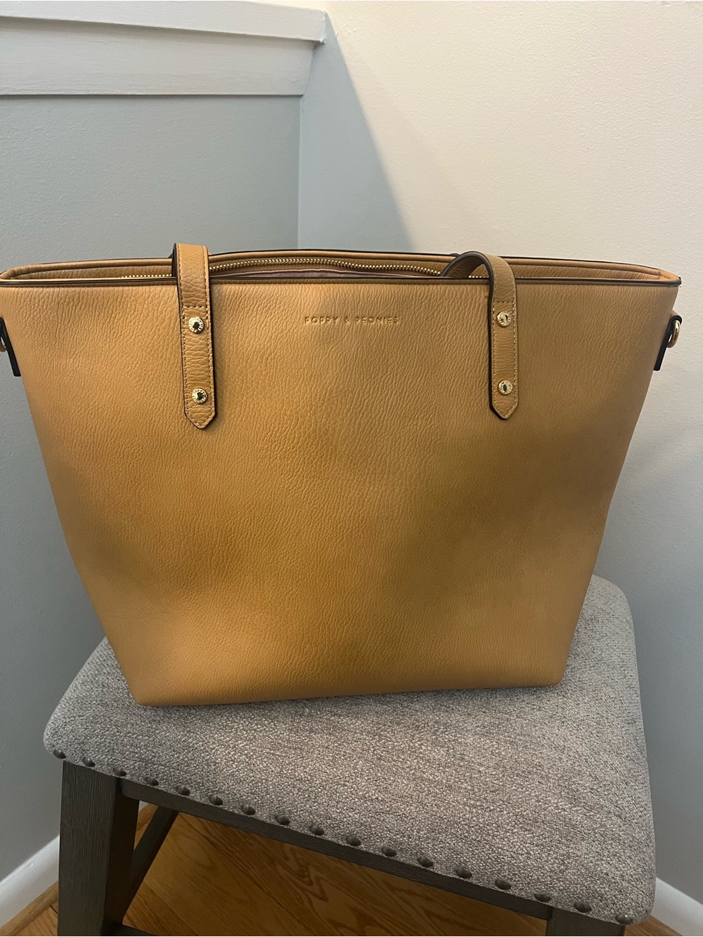Poppy & Peonies Tan Leather Tote with Gold Hardware